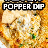 pinterest image of a tortilla chip dipped into a white breadcrumb-covered dip.