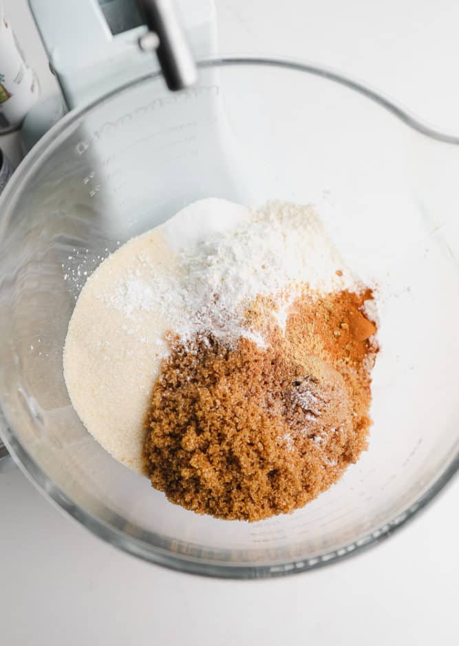 sugars and flour in a clear bowl