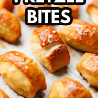 pretzel pieces on a baking sheet with text overlay reading 'vegan pretzel bites'