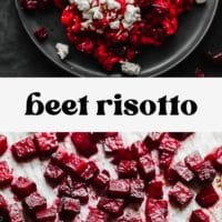 roasted beets on bottom, black plate with red risotto on beet risotto in the middle