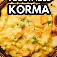 photo of vegetable korma with text overlay