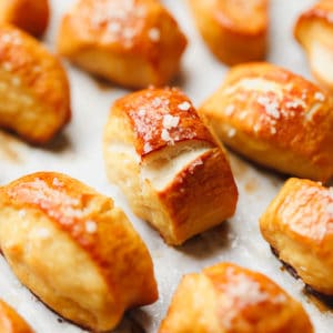 square image of pretzel bites on parchment paper