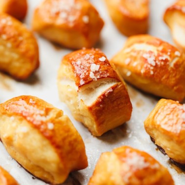 square image of pretzel bites on parchment paper