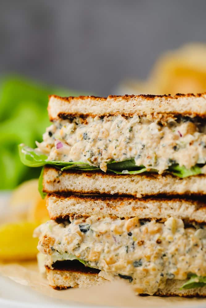 close up of a sandwich with creamy tuna filling
