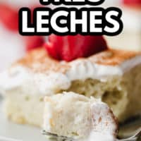 text overlay reading vegan tres leches and a photo of a cake