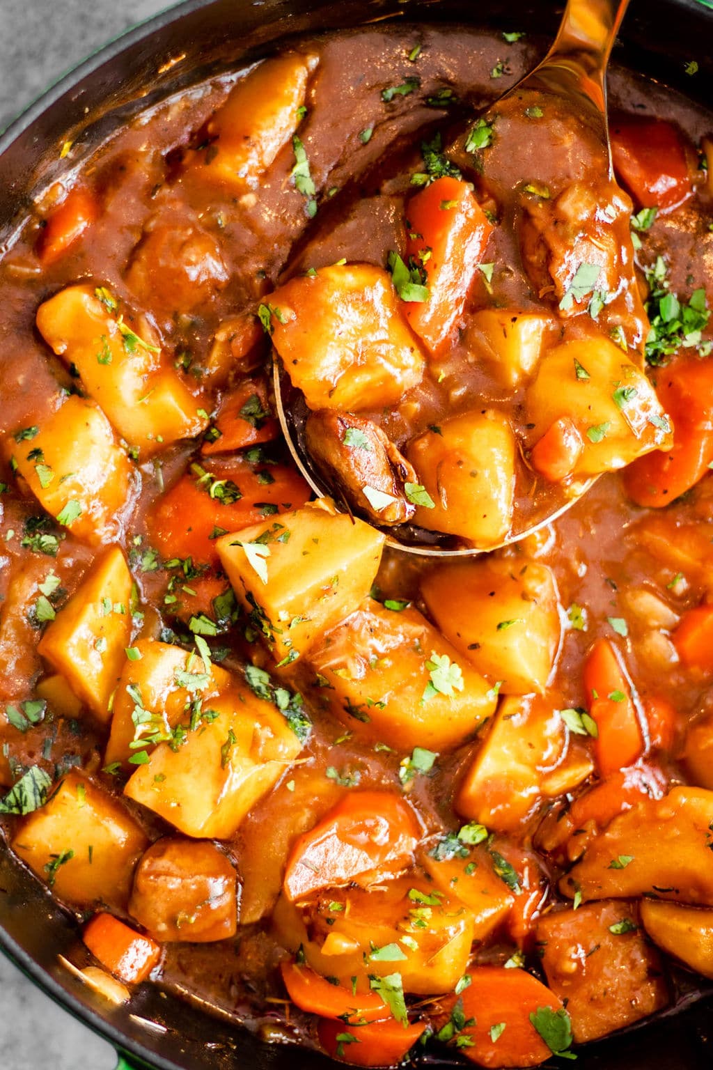 close up on vegan irish stew in a pot.