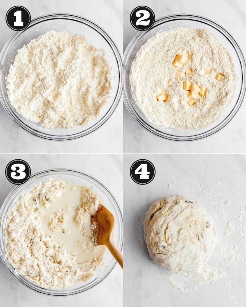 4 images showing the process of making vegan irish soda bread dough.