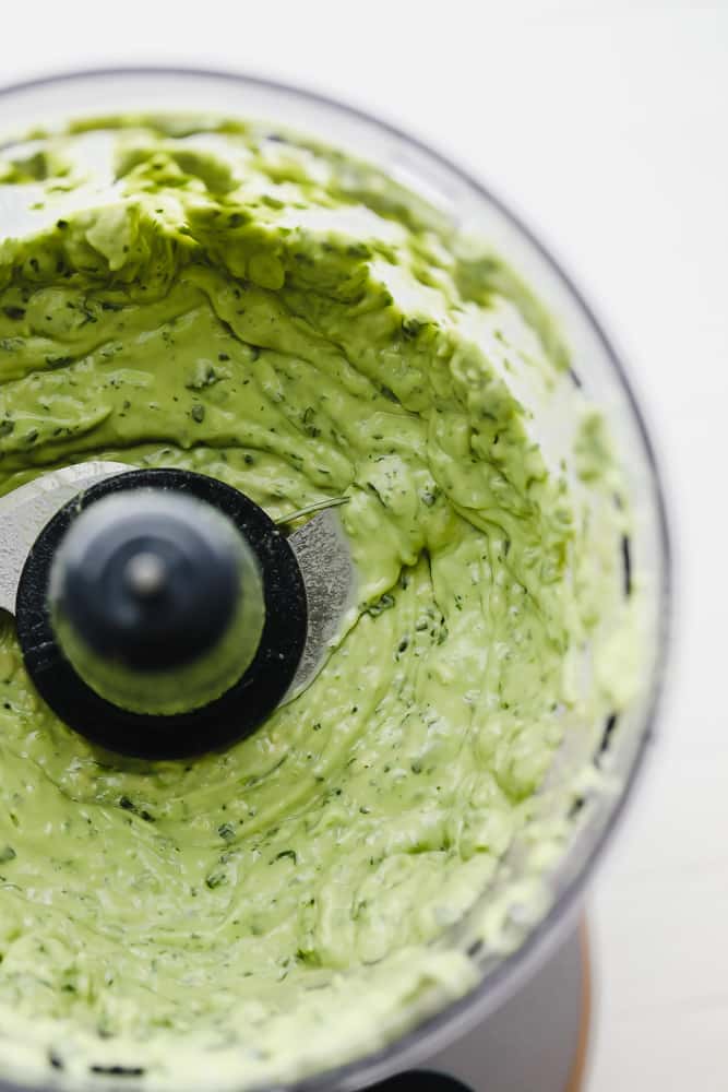 blended avocado sauce in a food processor.