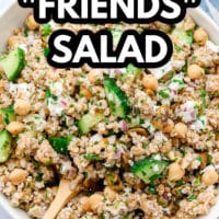 white bowl with bulgur salad, text overlay reads vegan Friends salad