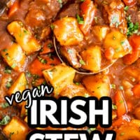 pinterest image of vegan irish stew in a pot.