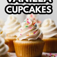 image of a vanilla cupcake with white frosting and sprinkles with a text overlay