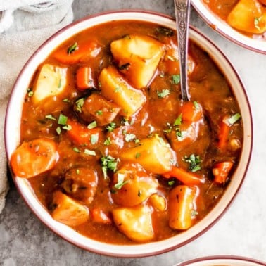 a bowl filled with vegan irish stew.