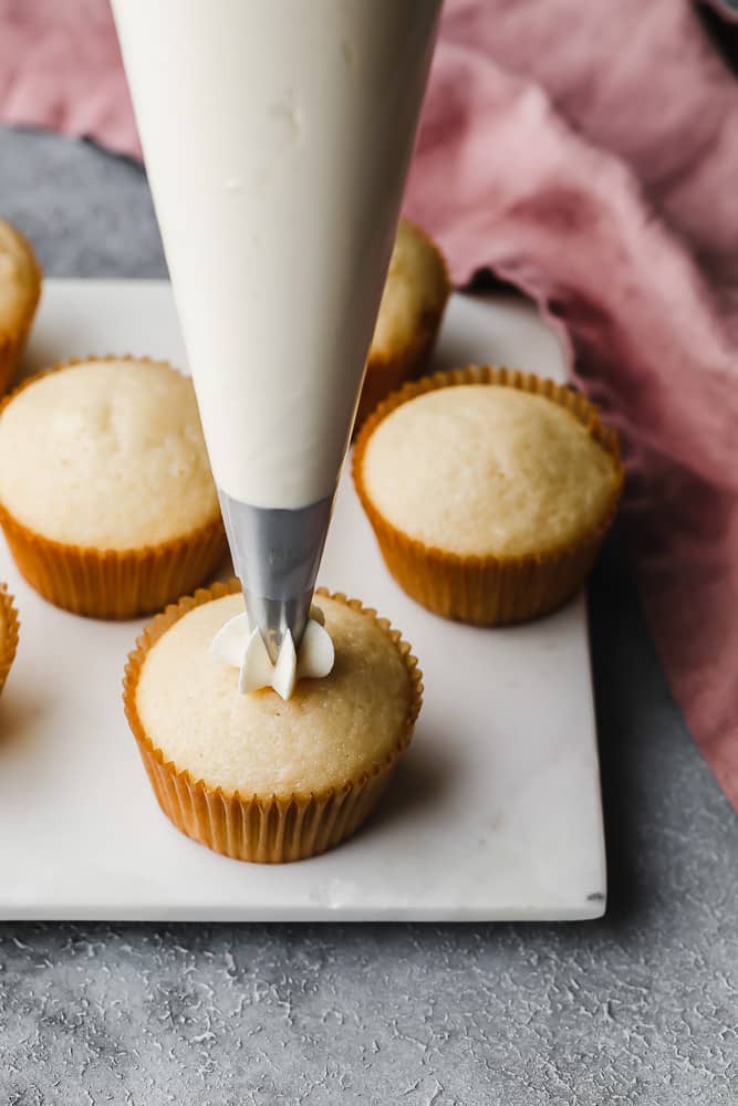 piping bag placing one round bit of frosting in the center of a cupcake