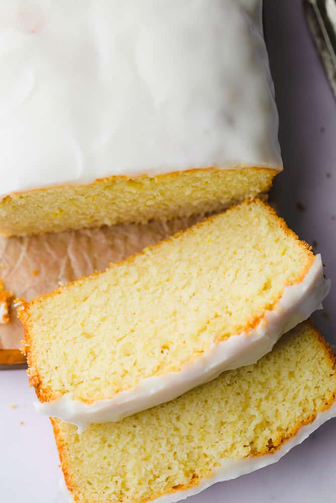 close up on a sliced vegan pound cake.