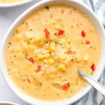 close up on a bowl of vegan corn chowder.