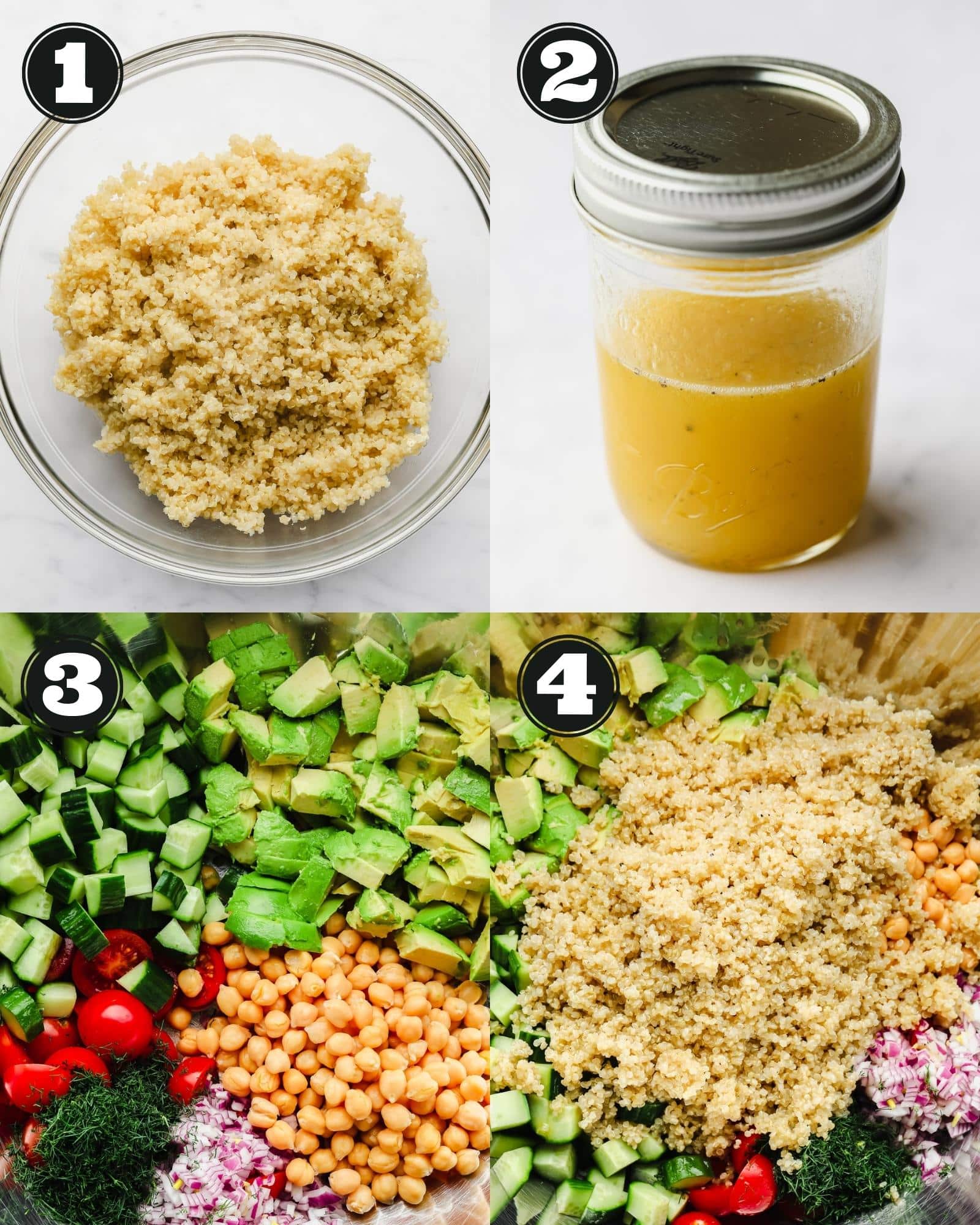 4 images showing the process of cooking quinoa, making a salad dressing, and assembling a chickpea quinoa salad.