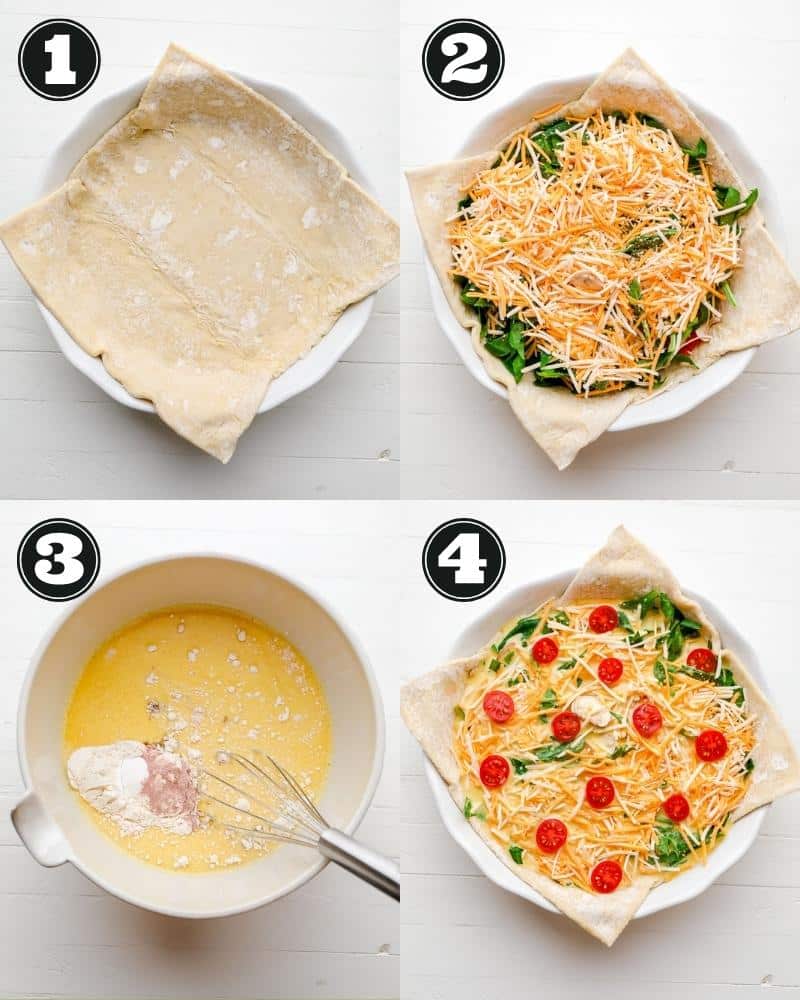 4 images showing the process of preparing and assembling a JUST Egg Quiche.