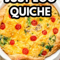pinterest image of a baked JUST Egg quiche in a white pie plate.
