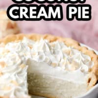 pinterest image of a vegan coconut cream pie in a white pie plate with a slice removed.