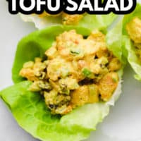 pinterest image of a creamy curry tofu salad in a lettuce cup.
