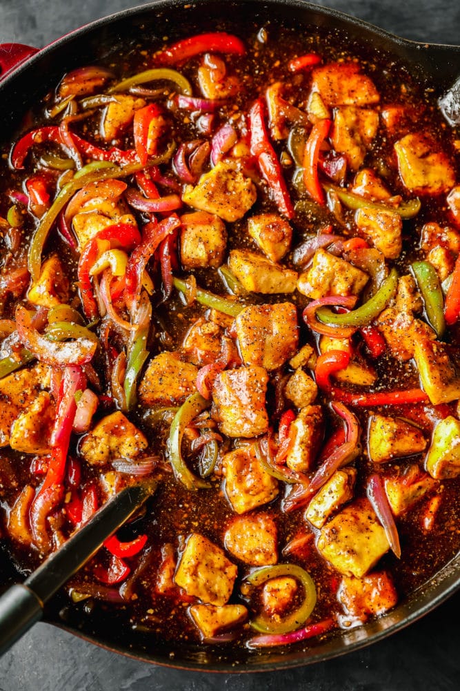 looking down on a pan full of tofu and peppers