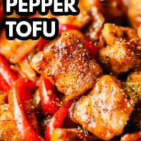 text overlay reading black pepper tofu, a bowl of tofu and peppers