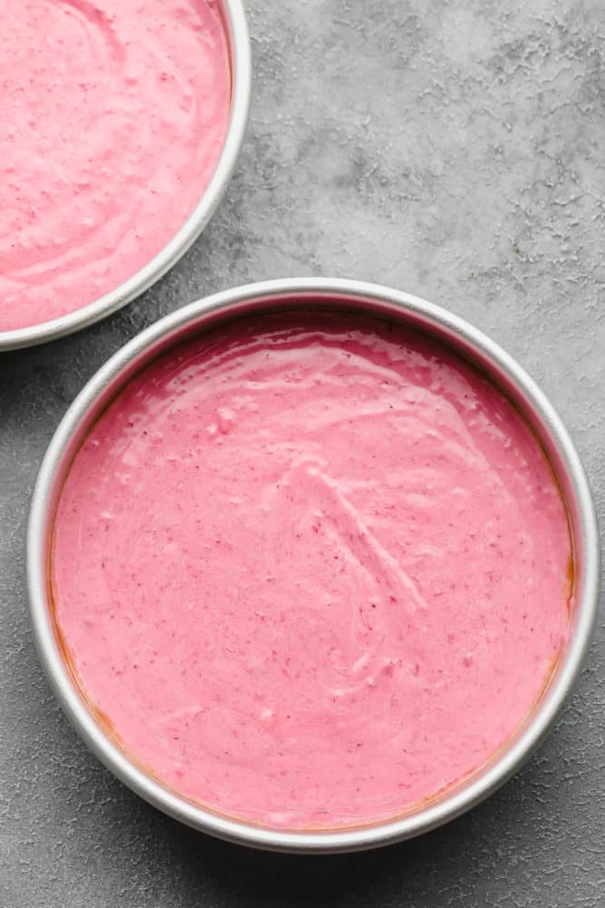 cake batter in silver pans