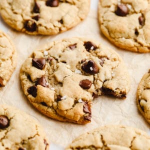 vegan gluten free cookie with a bite taken out and salt on top