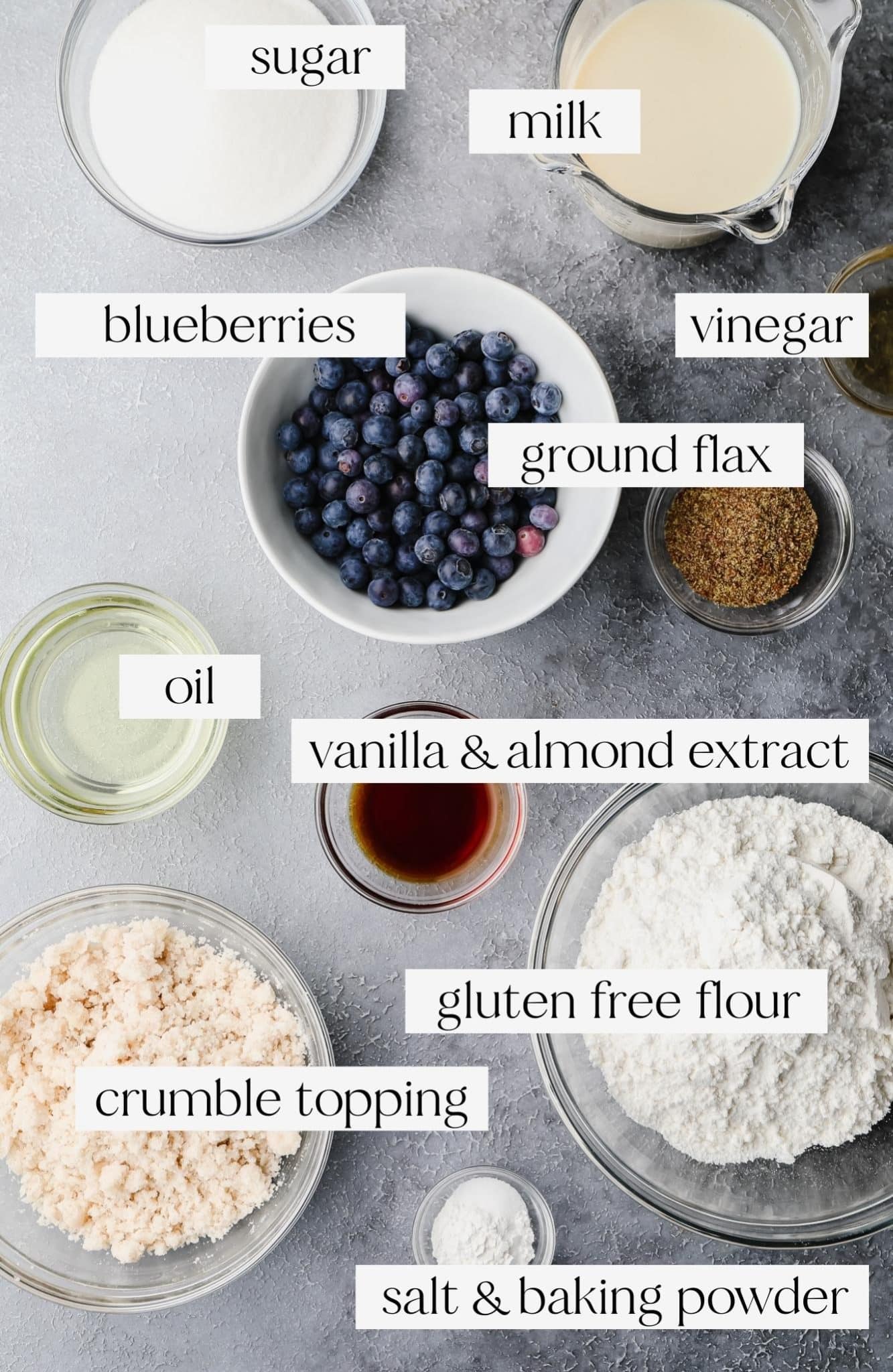 ingredients for gluten free blueberry muffins with labels.