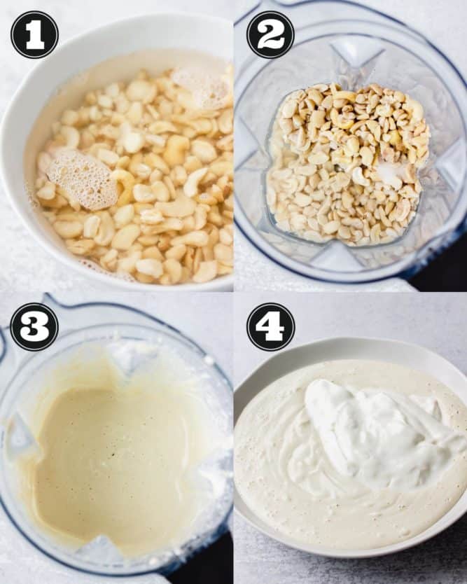 collage showing soaking cashews in water, blending and stirring with yogurt