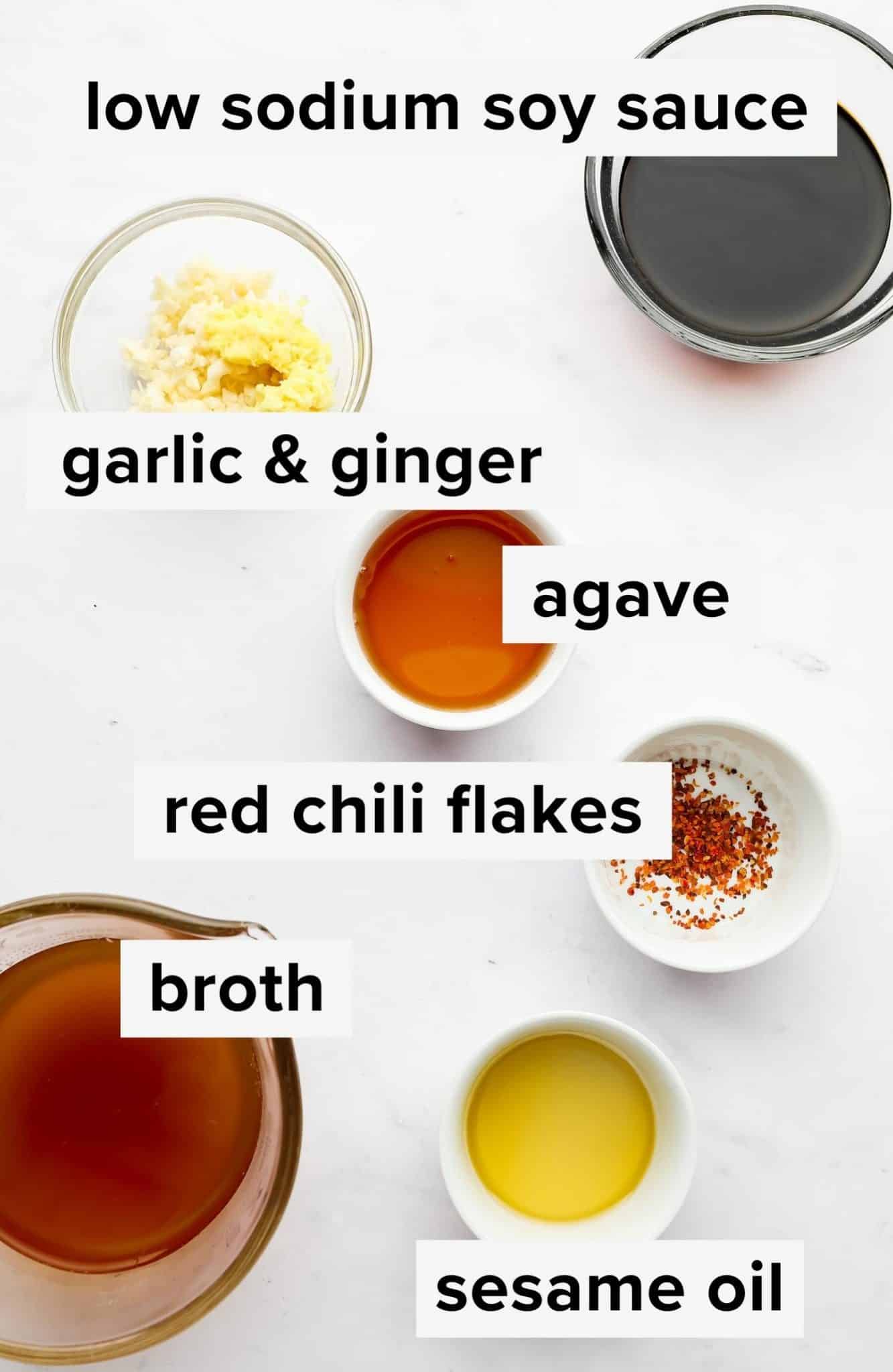 ingredients for stir fry sauce with text overlay
