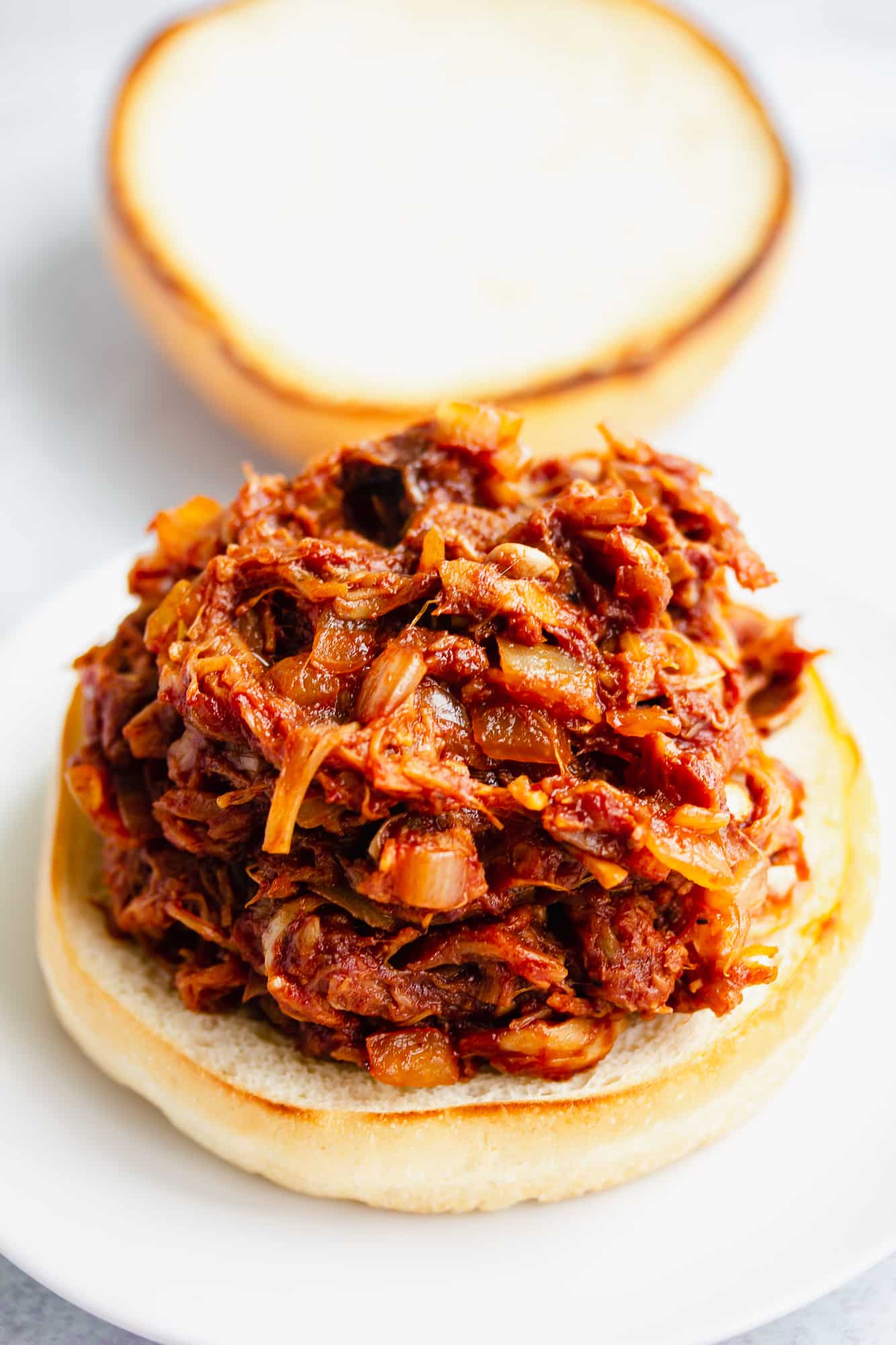 jackfruit pulled pork on a hamburger bun.