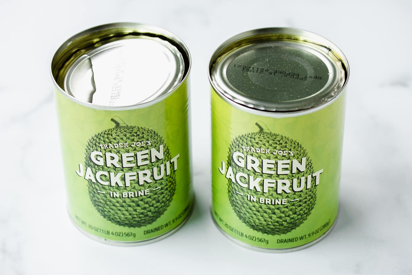 2 green cans of Trader Joe's young green jackfruit in brine.