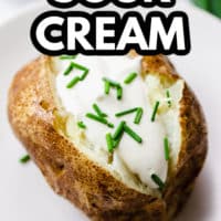 baked potato with sour cream and text overlay