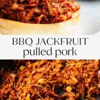 pinterest image with 2 images of jackfruit pulled pork.