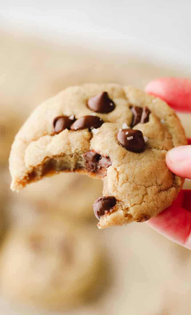 hand holding cookie with bite taken out of it