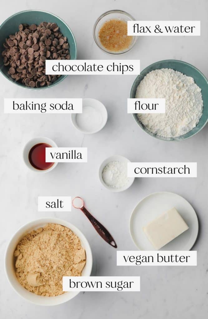 ingredients for vegan cookies with chocolate chips, labeled