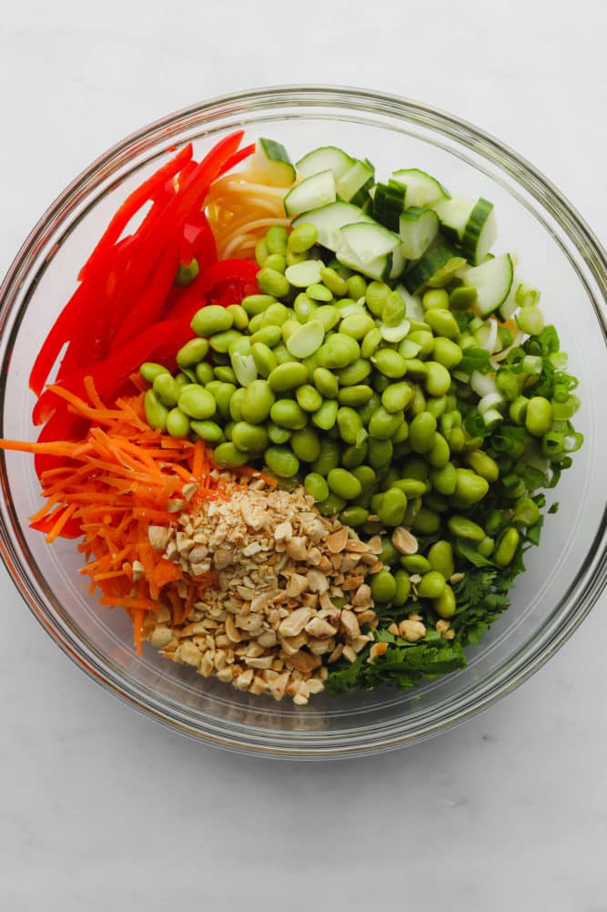 glass bowl with edamame, red pepper slices, carrot shreds, peanuts, cilantro, green onions and cucumbers