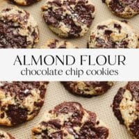 pinterest image of baked almond flour chocolate chip cookies on a lined baking sheet.