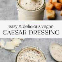 pinterest image of a jar filled with vegan caesar dressing.