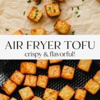 pinterest image of air fryer tofu on a piece of parchment paper and in an air fryer basket.