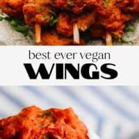 pinterest image of a pile of vegan wings being dipped in a white dipping sauce.