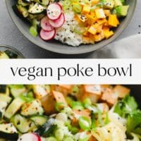 pinterest image of a loaded vegan poke bowl.