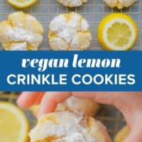 collage of lemon crinkle cookies with text overlay in blue box