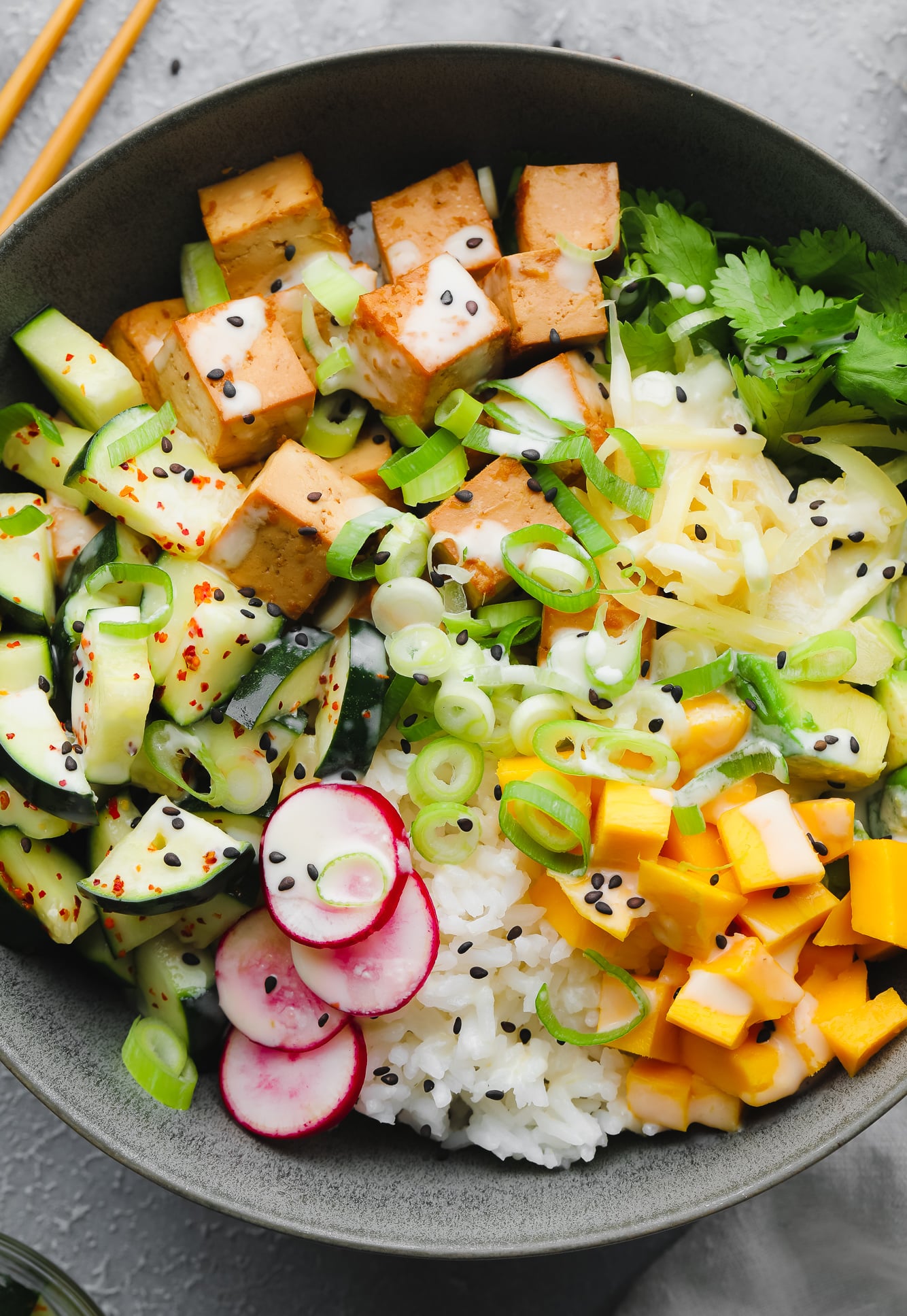 close up on a loaded vegan poke bowl.