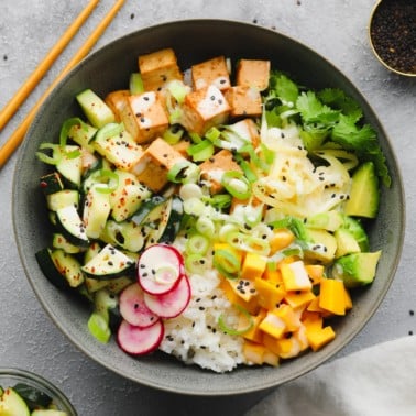 close up on a loaded vegan poke bowl.