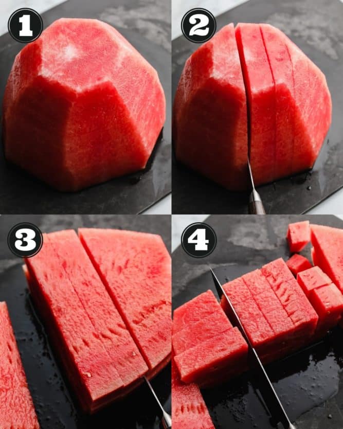collage of how to cut watermelon on black cutting board