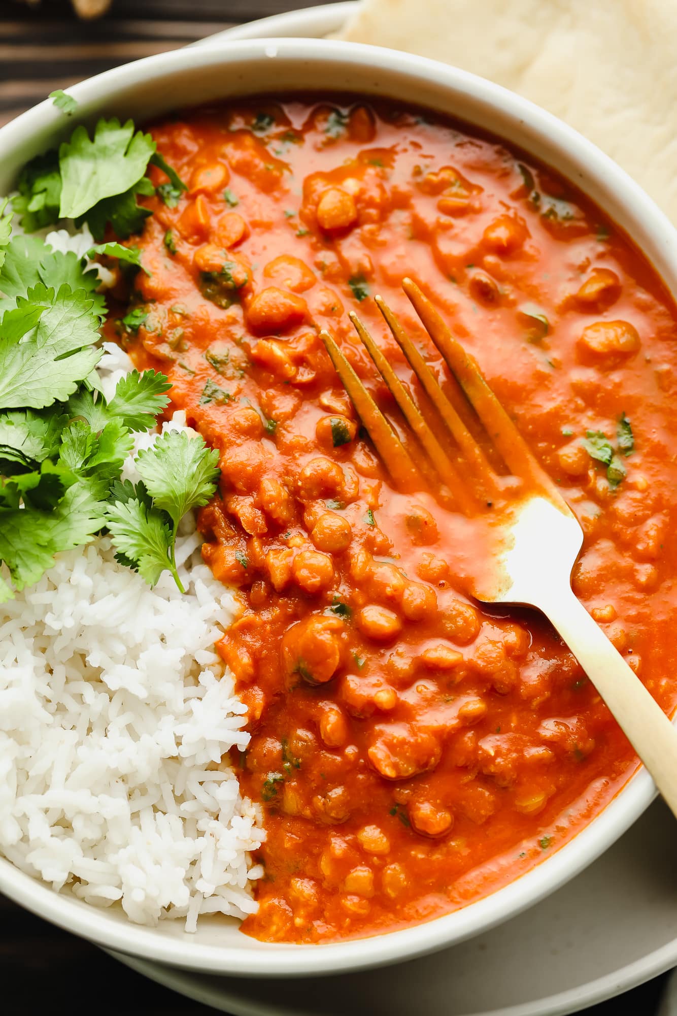 a fork in a bowlful of lentil curry with white rice.