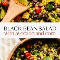 pinterest image of a wooden spoon scooping black bean salad out of a large bamboo bowl.
