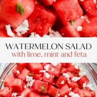 pinterest image with text in middle reading 'watermelon salad with lime, mint and feta'